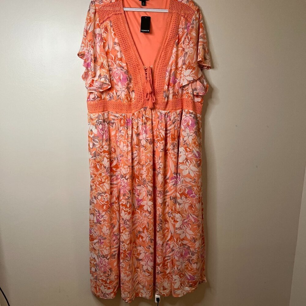 Torrid Womens Floral Coral Crinkle Gauze Lace Up Tea Length Midi Dress Size 4X